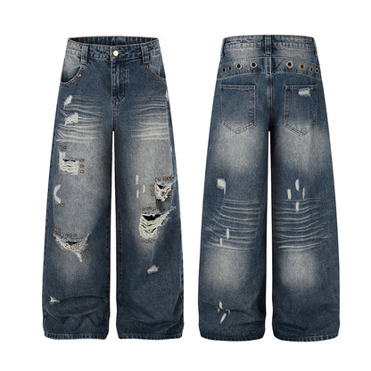 Wash Rivet Damage Wide Leg Denim Jeans WN25573