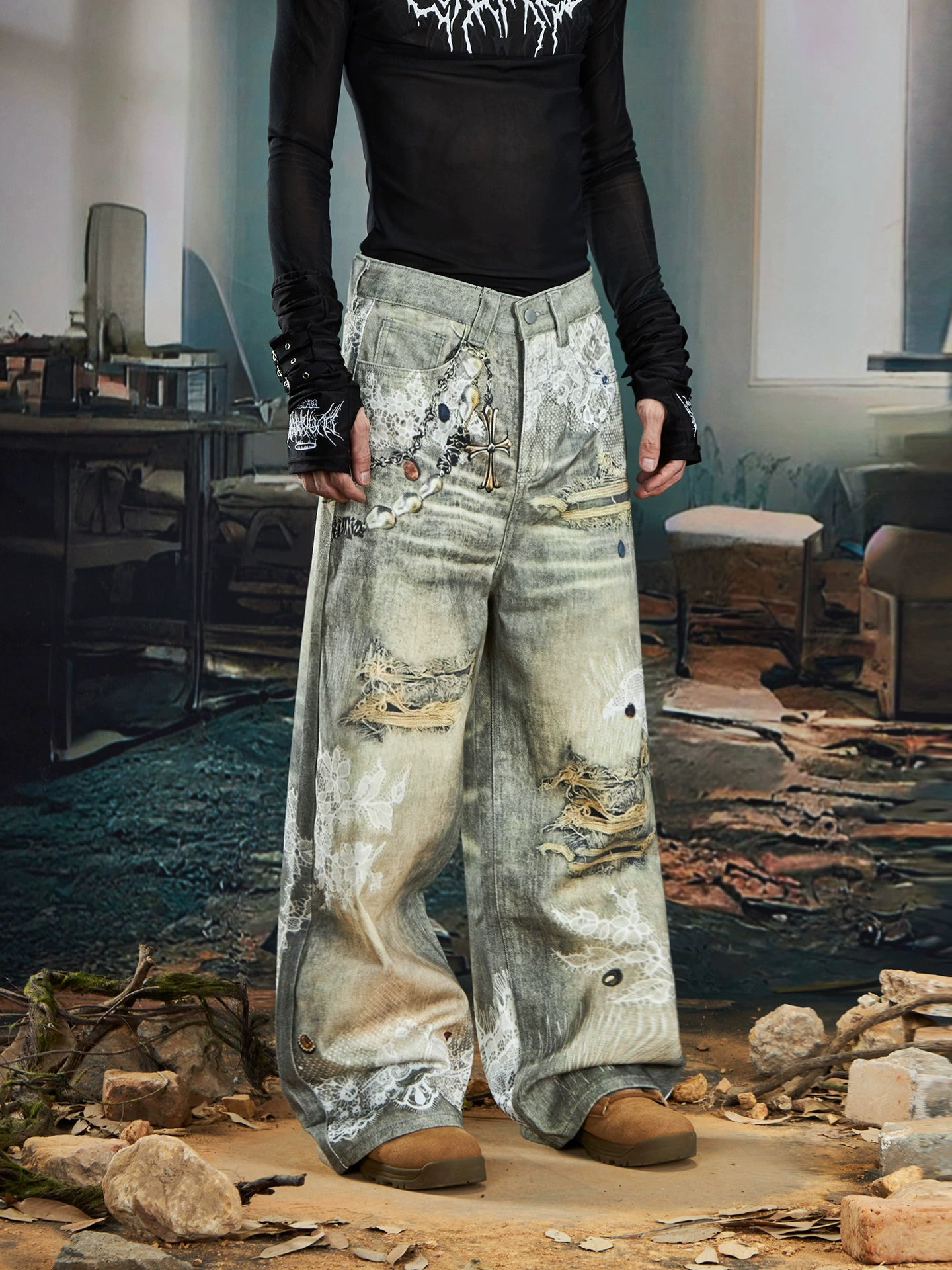 3D Lace Bead Print Straight Denim Jeans WN20578