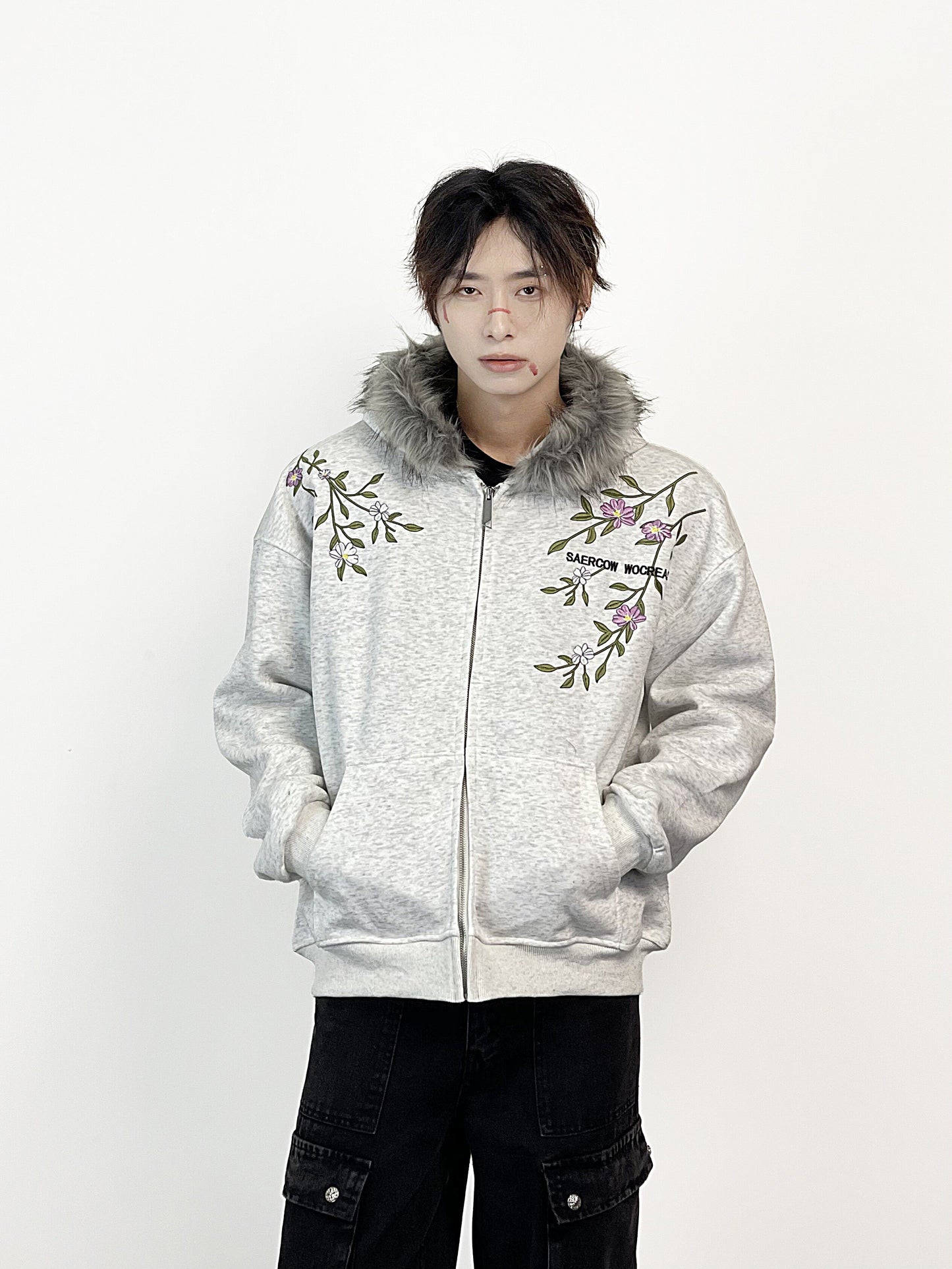 Fake Fur Collar Floral Embroidery Hoodie WN24287
