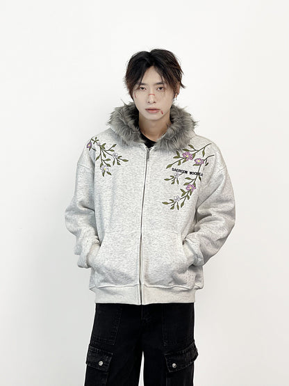 Fake Fur Collar Floral Embroidery Hoodie WN24287