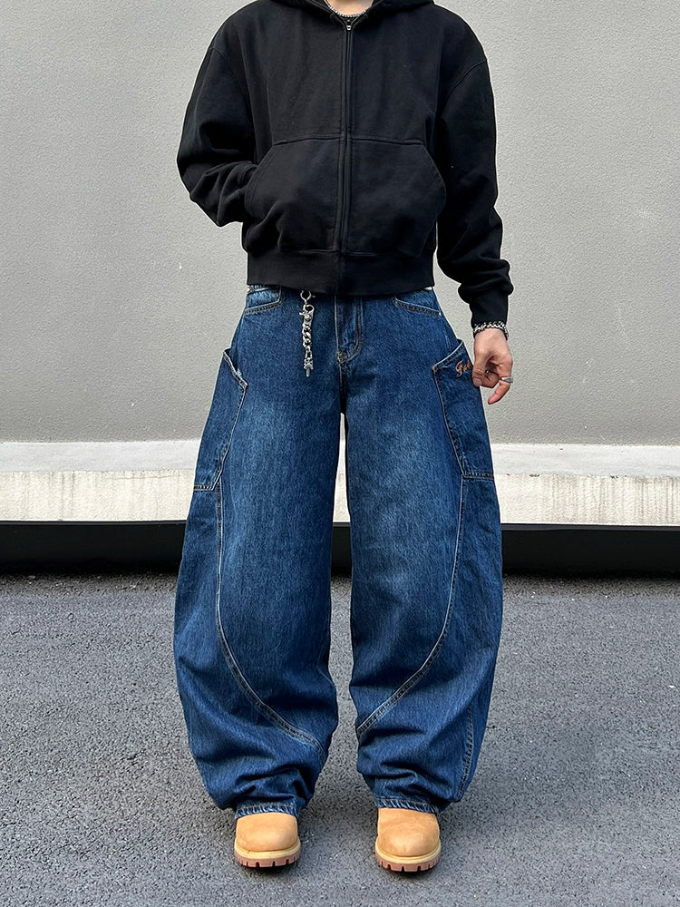 Dark Blue Baggy Wide Leg Denim Jeans WN19424