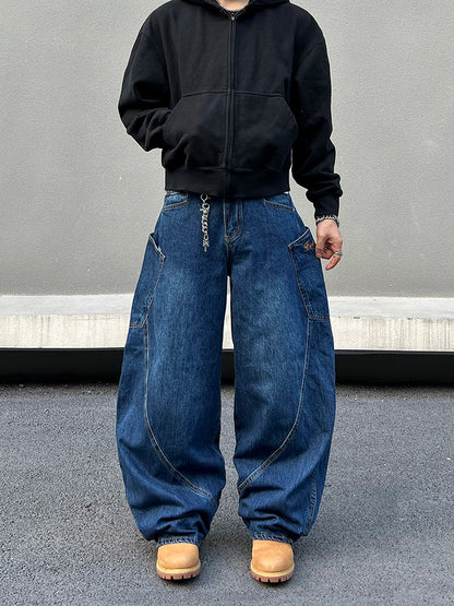 Dark Blue Baggy Wide Leg Denim Jeans WN19424