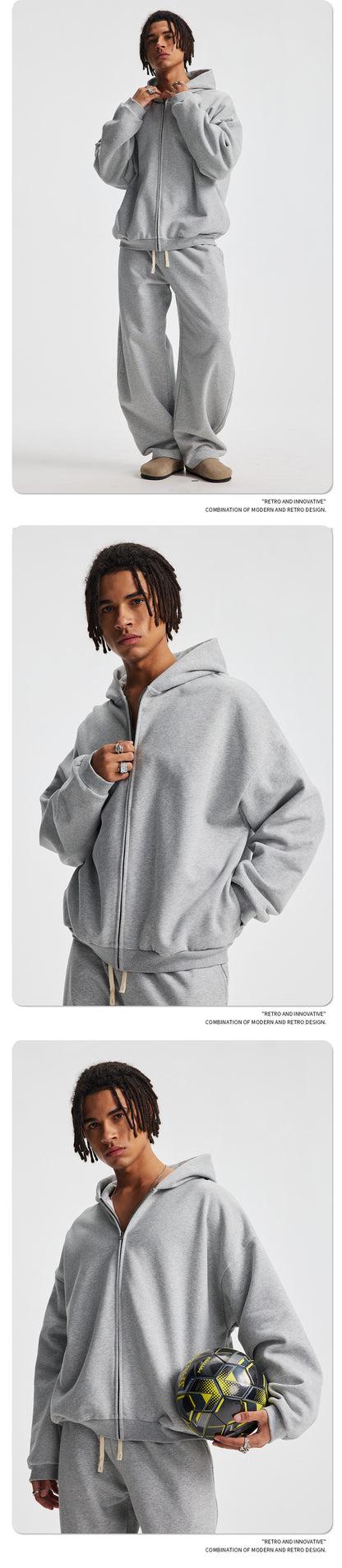 Fleece Lining Side Pocket Zipper Hoodie & Fleece Lining Wide Leg Sweatpants Setup WN23114