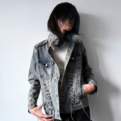 Fake Fur Collar Washed Denim Jacket WN20907