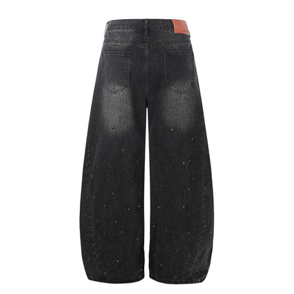 Washed Rhinestone Barrel Denim Jeans WN26102