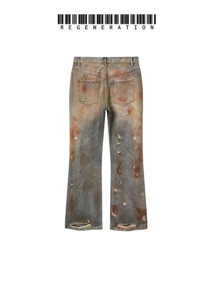 Dirty Stain Washed Damage Straight Denim Jeans WN19684