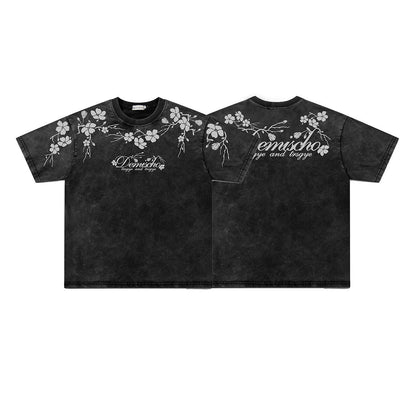 Washed Plum Blossom Print Oversize Short Sleeve T-Shirt WN26899