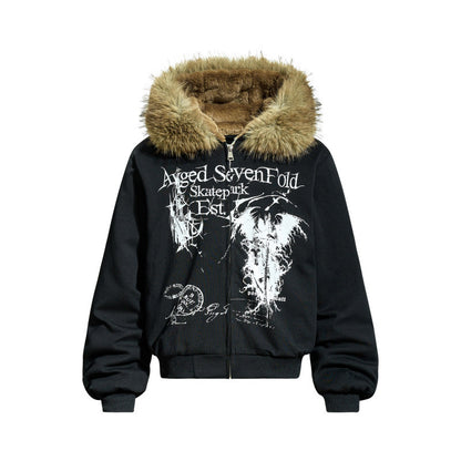 Detachable Fake Fur Collar Zipper Hooded Jacket WN24269