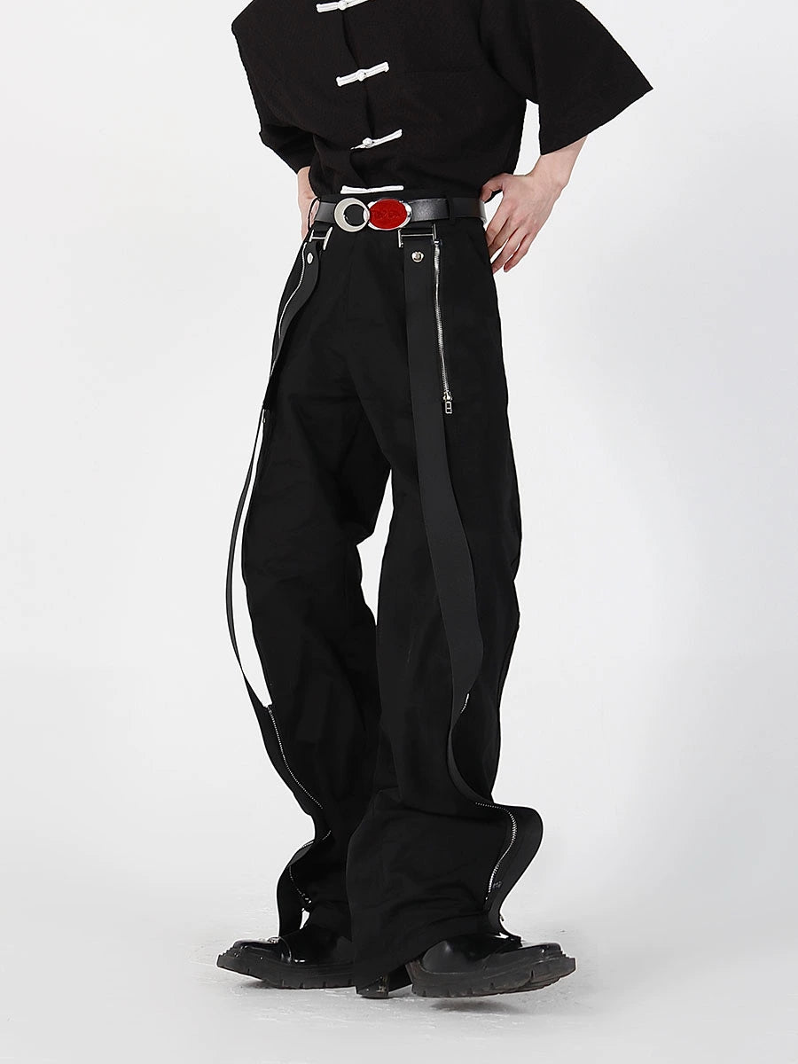Zipper Ribbon Splicing Design Wide-Leg Straight Trousers WN6963