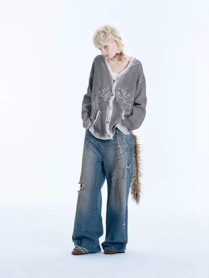 Sequin Embroidery Lace Trim Spray Wash Knit Cardigan WN18925