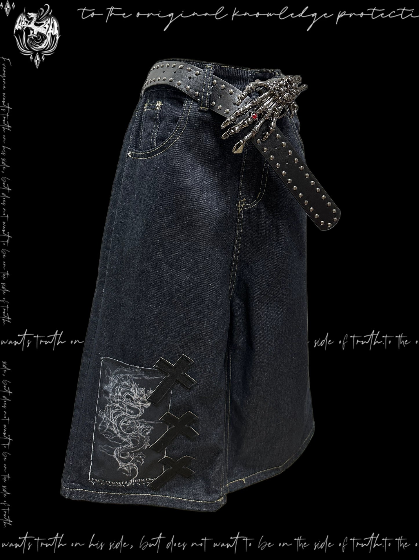 Patchwork Wide Leg Half Denim Jeans & Belt & Chain WN20127