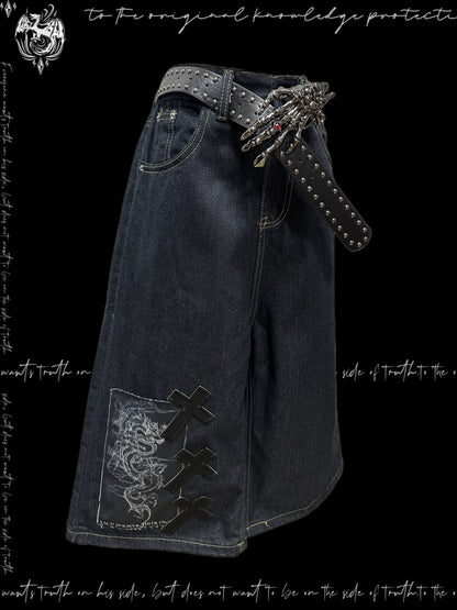 Patchwork Wide Leg Half Denim Jeans & Belt & Chain WN20127