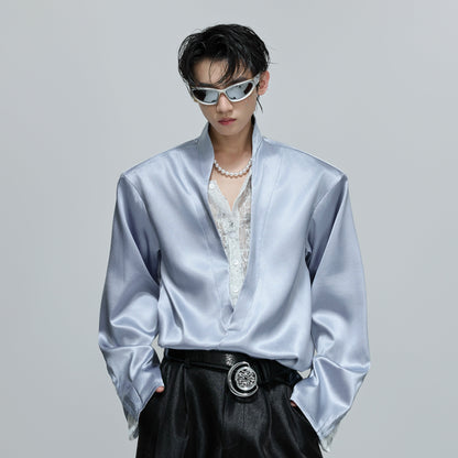 Fake Layered V-Neck Lace Satin Long Sleeve Shirt WN21712