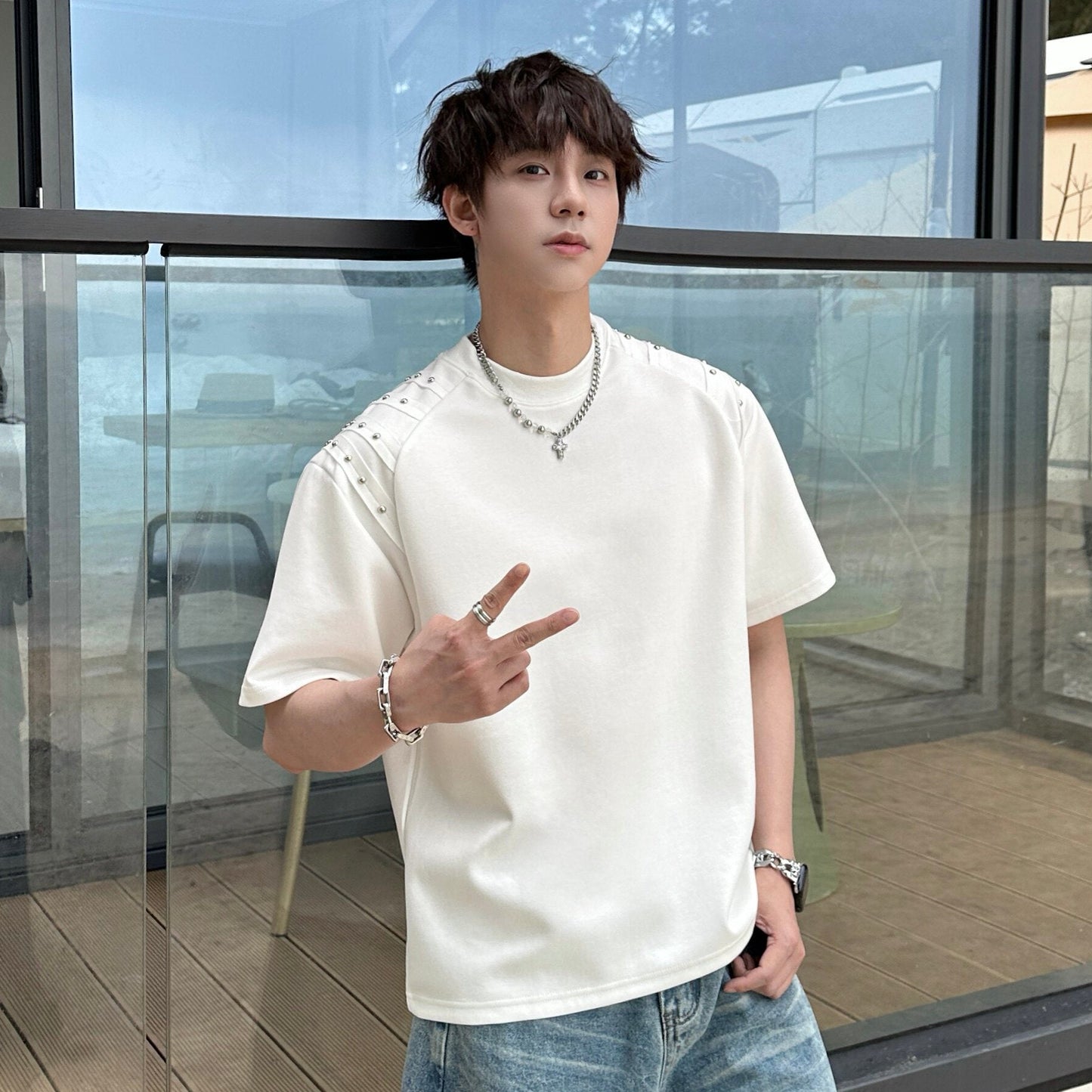 Rivet Pleats Shoulder-pad Heavyweight Oversize Short Sleeve T-Shirt WN25254