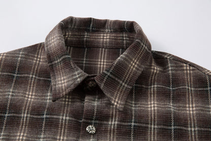 Plaid Letter Embroidery Fake Layered Long Sleeve Shirt WN25856