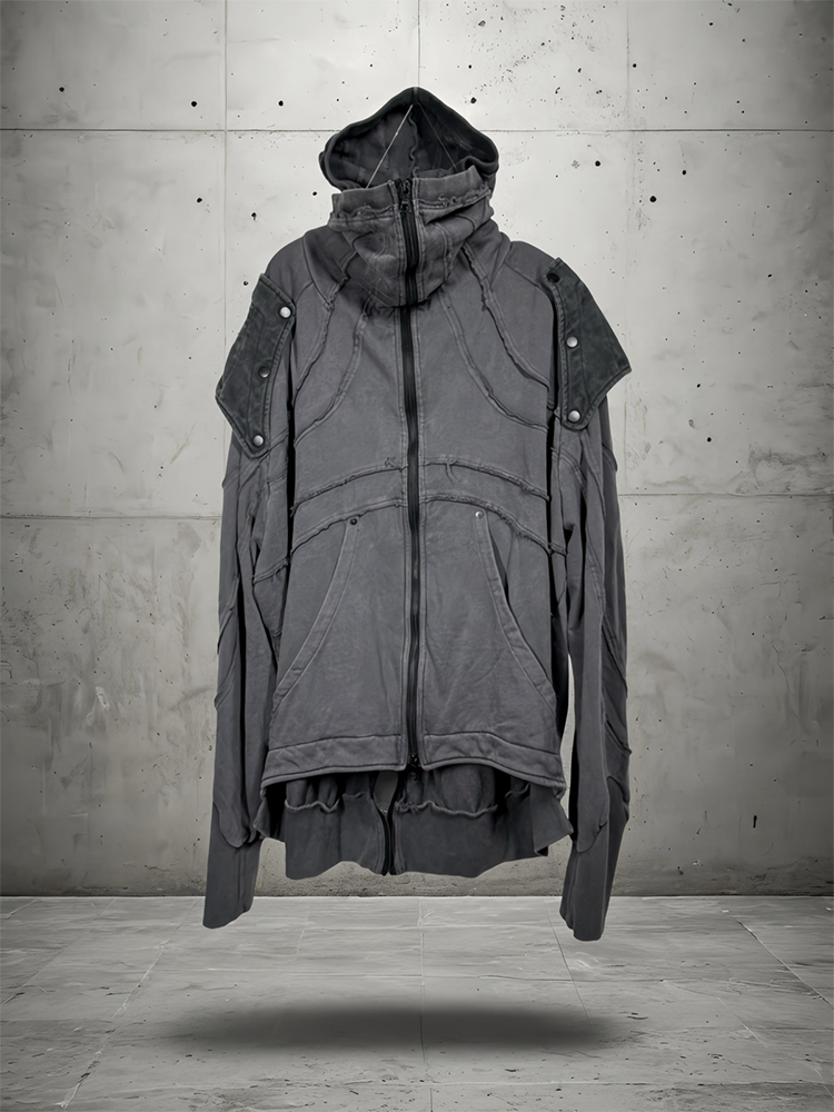 Detachable Shoulder Washed Zipper Hooded Jacket WN22001