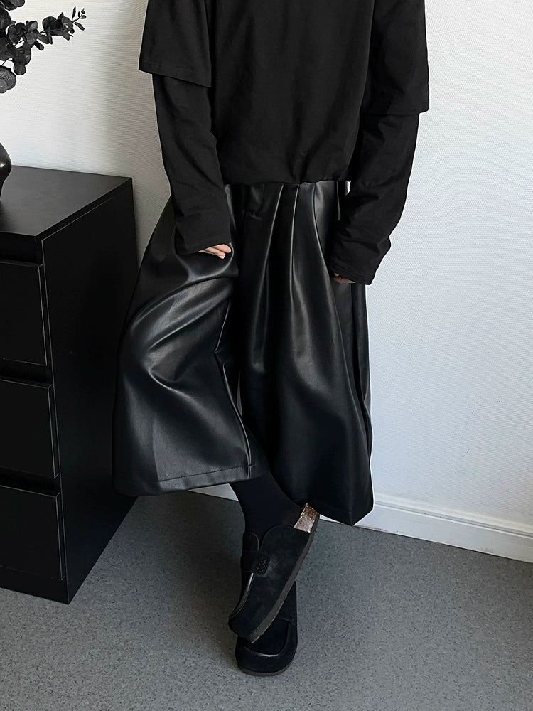 PU Leather Wide Leg Half Pants WN19365