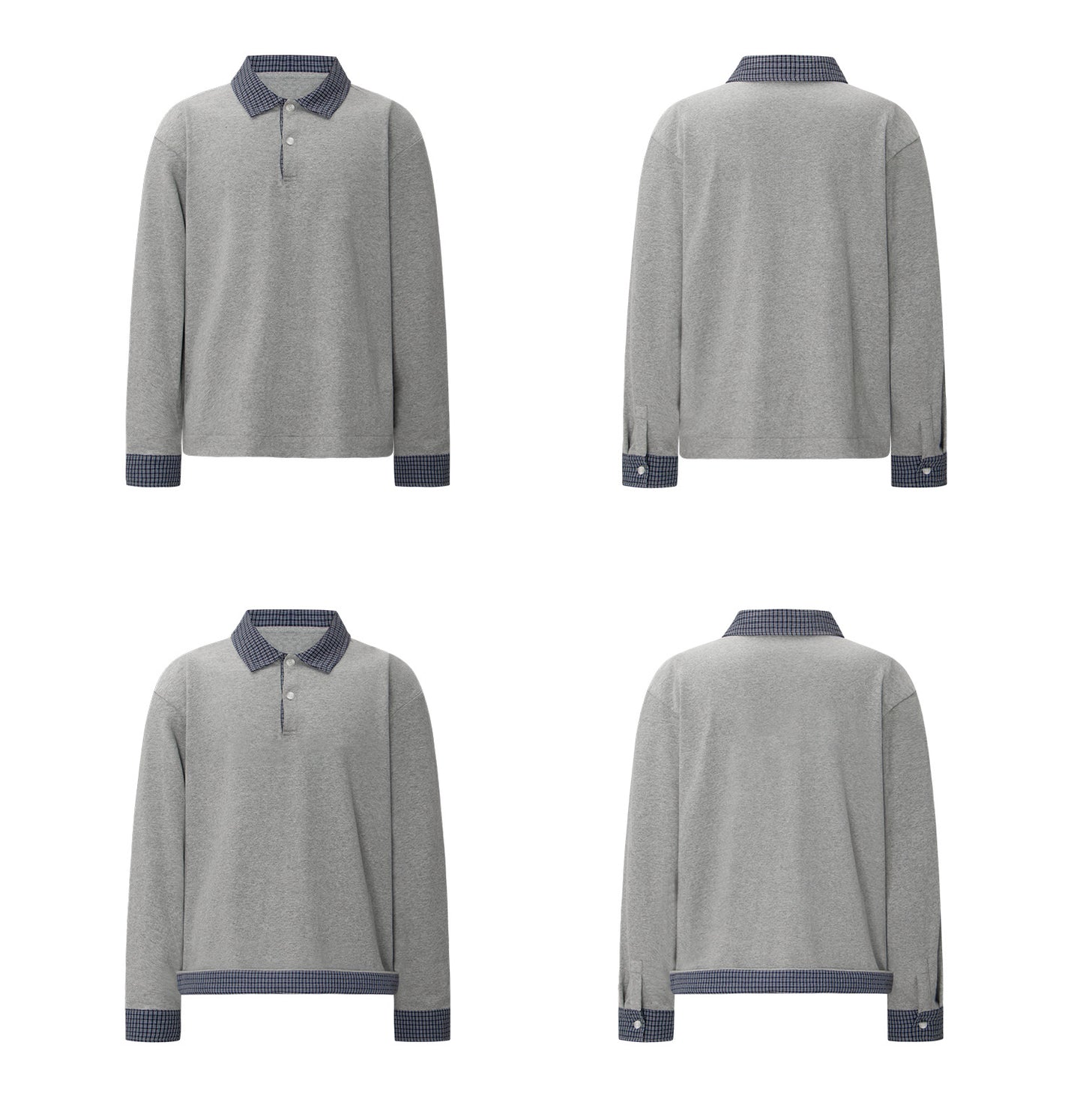 Heavyweight Plaid Fake Layered Polo-Collar Boxy Long Sleeve T-Shirt WN26323