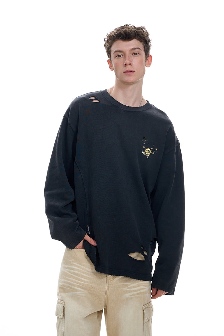 Oversize Damage Washed Crewneck Long Sleeve T-Shirt WN9818