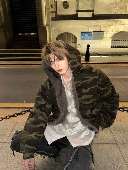 Camouflage Fake Fur Collar Hooded Short Puffer Jacket WN20728