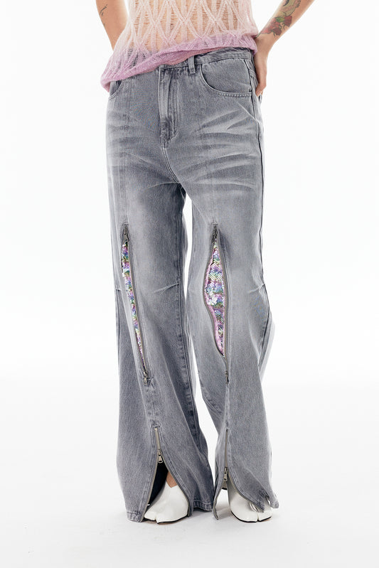 Graphic Print Zipper Design Denim Jeans WN18942