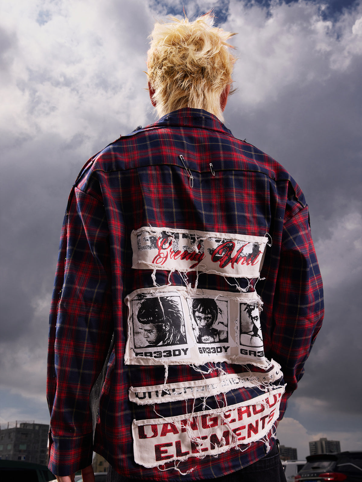 Plaid Patchwork Star Graffiti Oversize Long Sleeve Shirt WN27094