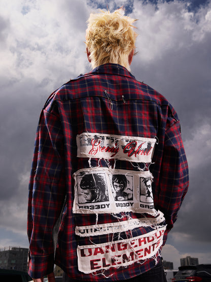 Plaid Patchwork Star Graffiti Oversize Long Sleeve Shirt WN27094
