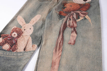 Washed 3D Graphic Print Wide Leg Denim Jeans WN26139