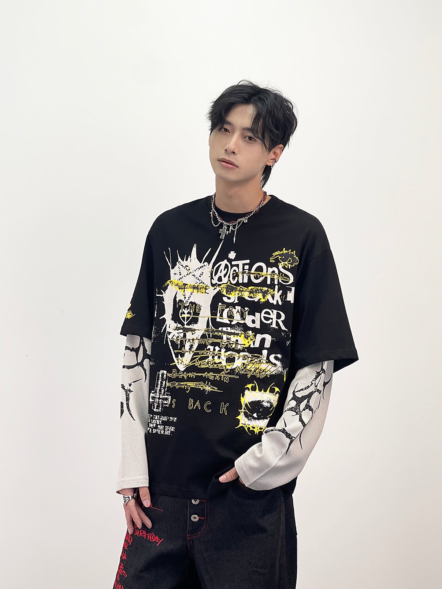 Fake Layered Graphic Print Oversize Long Sleeve T-Shirt WN24285