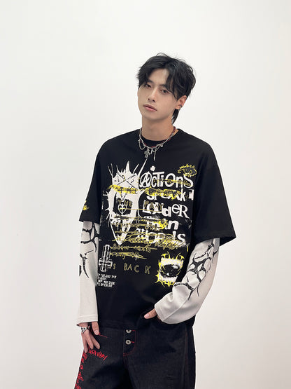 Fake Layered Graphic Print Oversize Long Sleeve T-Shirt WN24285
