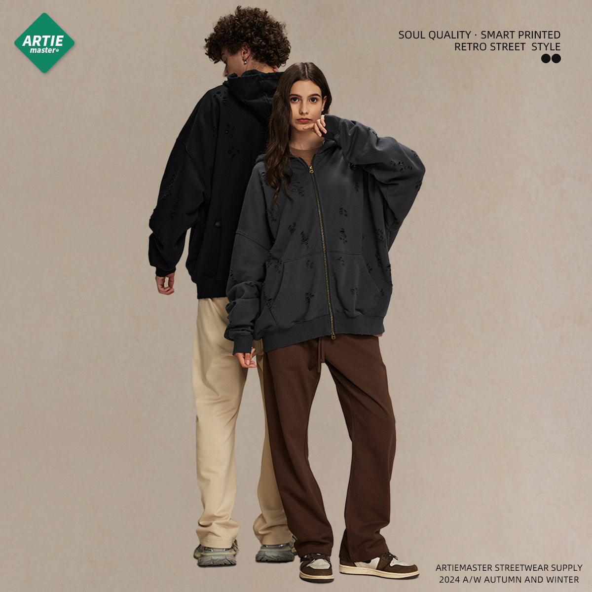 Oversize Damage Double Zipper Hoodie WN9975