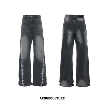 3D Embroidery Rivet Wash Wide Leg Denim Jeans WN26978