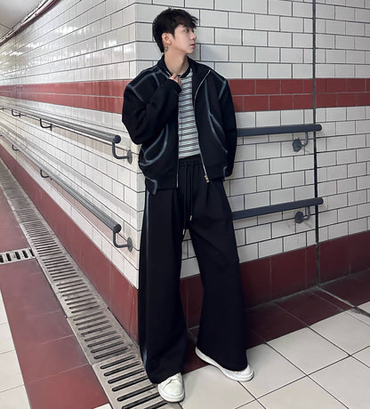 Standing-Collar Contrast Shoulder-pad Jacket & Sporty Wide Leg Sweatpants Setup WN25258
