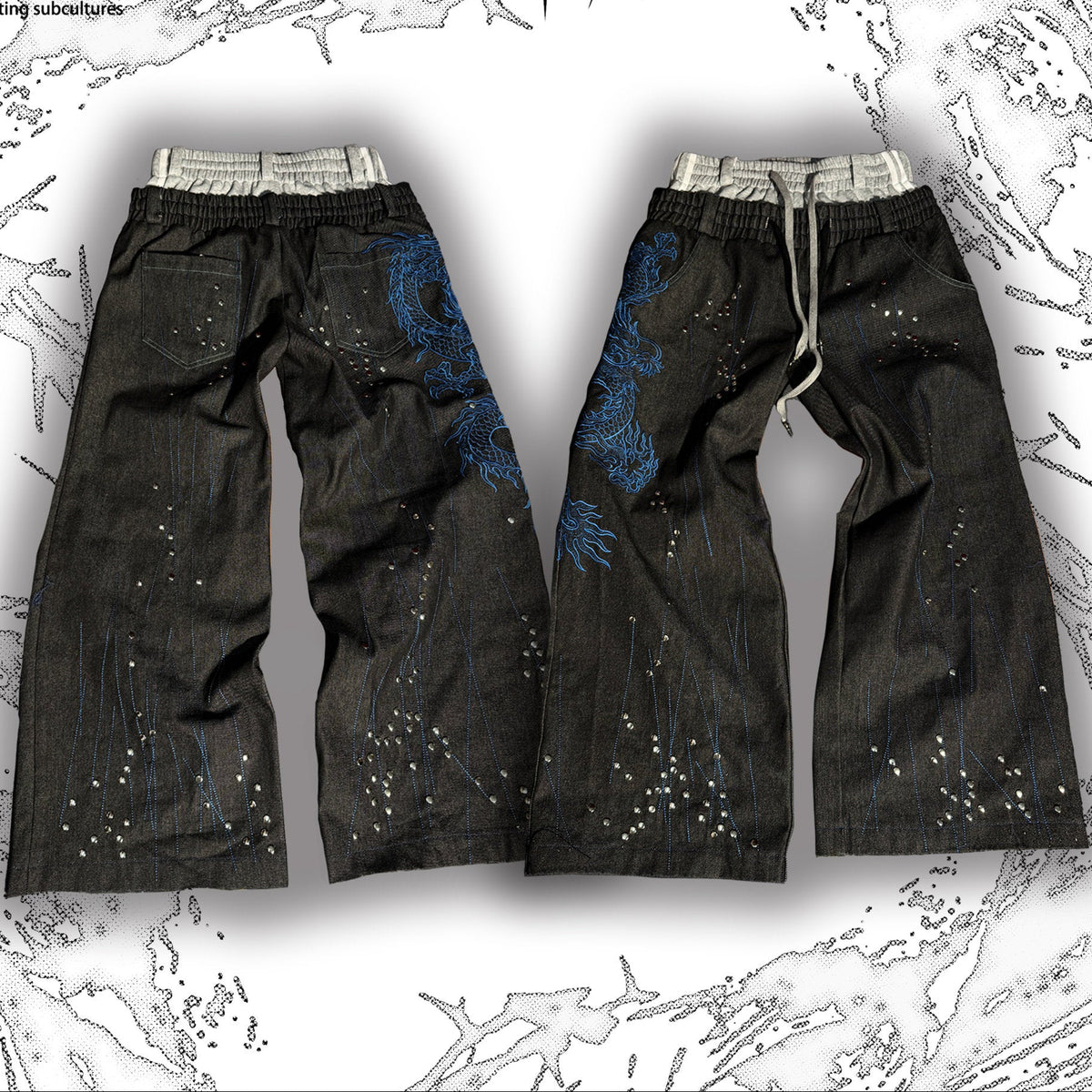 Double Waist Drawstring Graphic Studs Wide Leg Denim Jeans WN27379