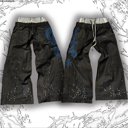 Double Waist Drawstring Graphic Studs Wide Leg Denim Jeans WN27379