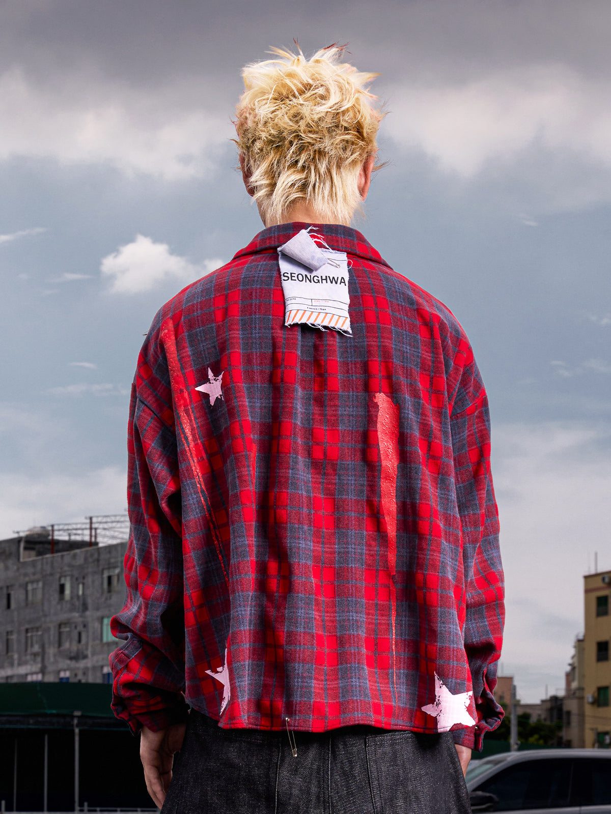 Plaid Star Print Oversize Long Sleeve Shirt WN27099