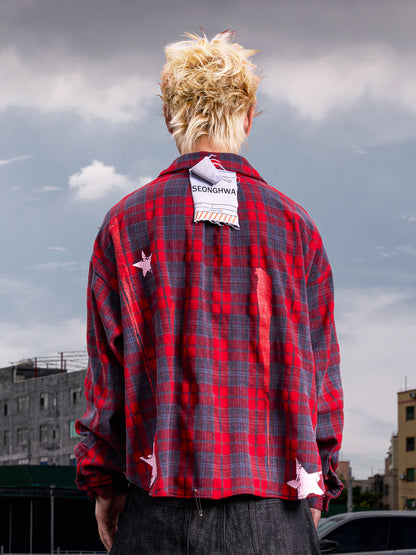Plaid Star Print Oversize Long Sleeve Shirt WN27099