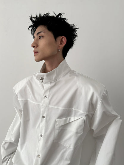 Metal Logo Button Up Stand Neck Long Sleeve Shirt WN8871