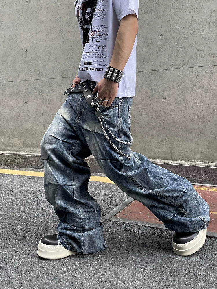 Wrinkle Design Wash Wide Leg Denim Jeans WN18808