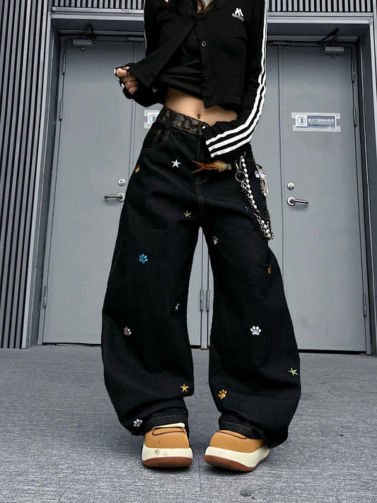 Star Embroidery Wide Leg Denim Jeans WN24153
