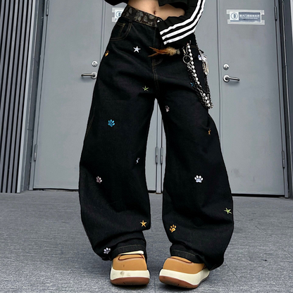 Star Embroidery Wide Leg Denim Jeans WN24153