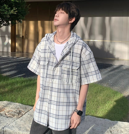 Plaid Hooded Short Sleeve Shirt WN25195