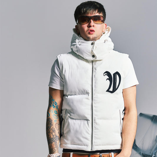 Towel-textured Embroidery Letter Shiny Detachable Hood Down Vest WN21010