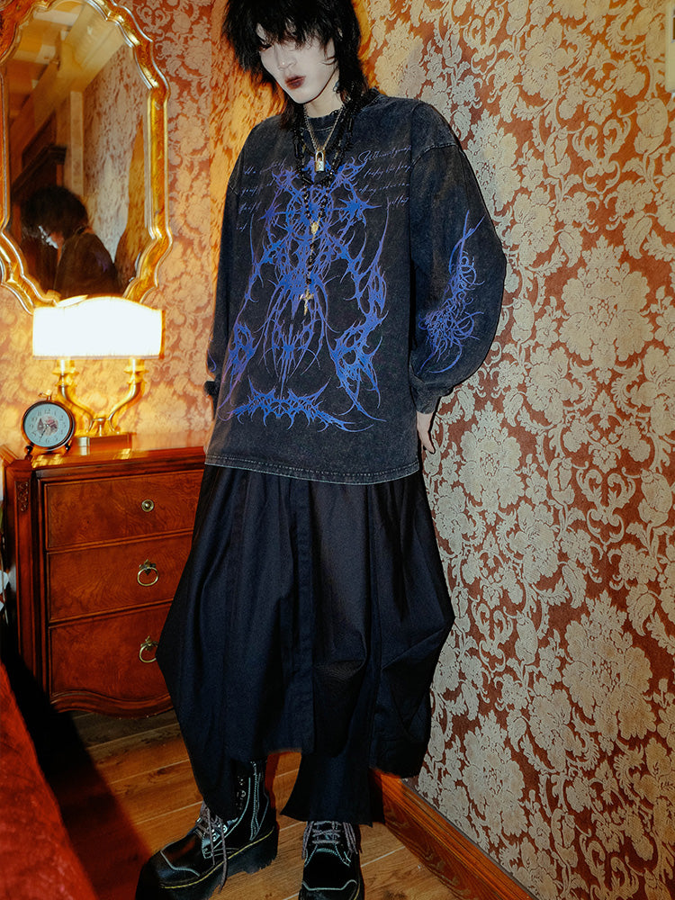 Totem Rock Design Oversize Washed Long Sleeve T-Shirt WN15899