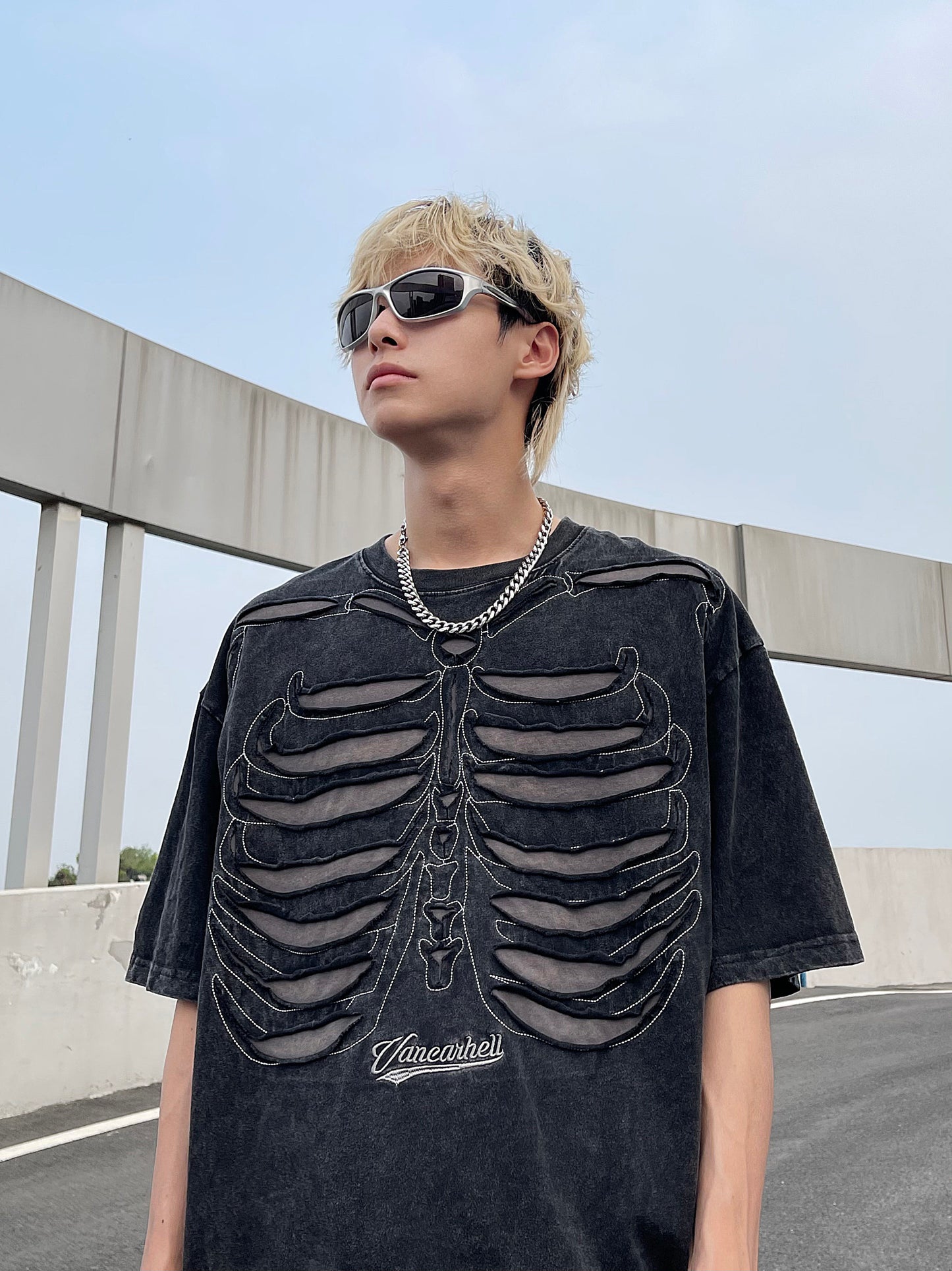 Skeleton Print Washed Oversize Short Sleeve T-Shirt WN24282
