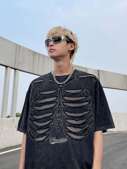 Skeleton Print Washed Oversize Short Sleeve T-Shirt WN24282