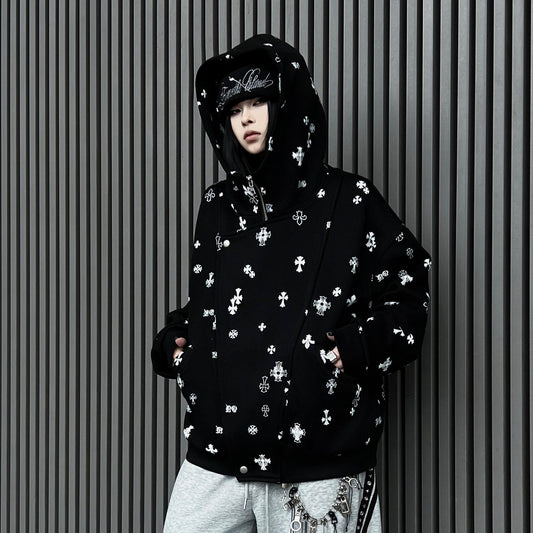 Deconstructed Patchwork Double Placket Print Zipper Hoodie WN24202