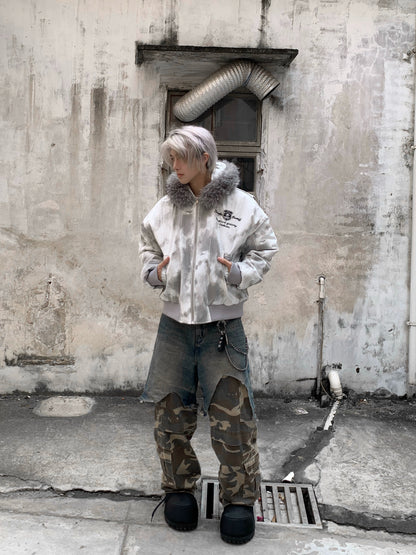 Tie-Dye Fake Fur-Collar Hooded Fleece-Lining Jacket WN22203