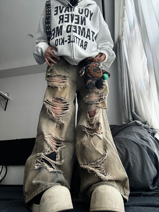 Washed Mud Effect Damage Ripped Wide Leg Straight Pants WN24201