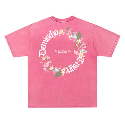 Washed Gothic Letter Floral Wreath Print Short Sleeve T-Shirt WN26844